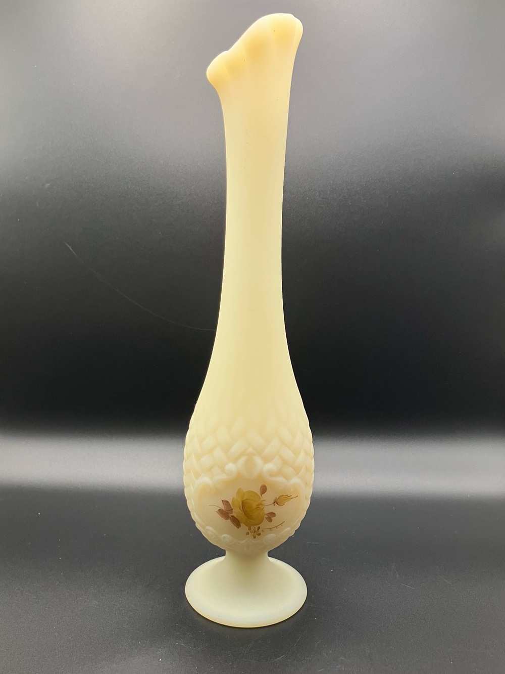 Fenton Custard Satin Bud Vase with Hand-Painted Floral Accent